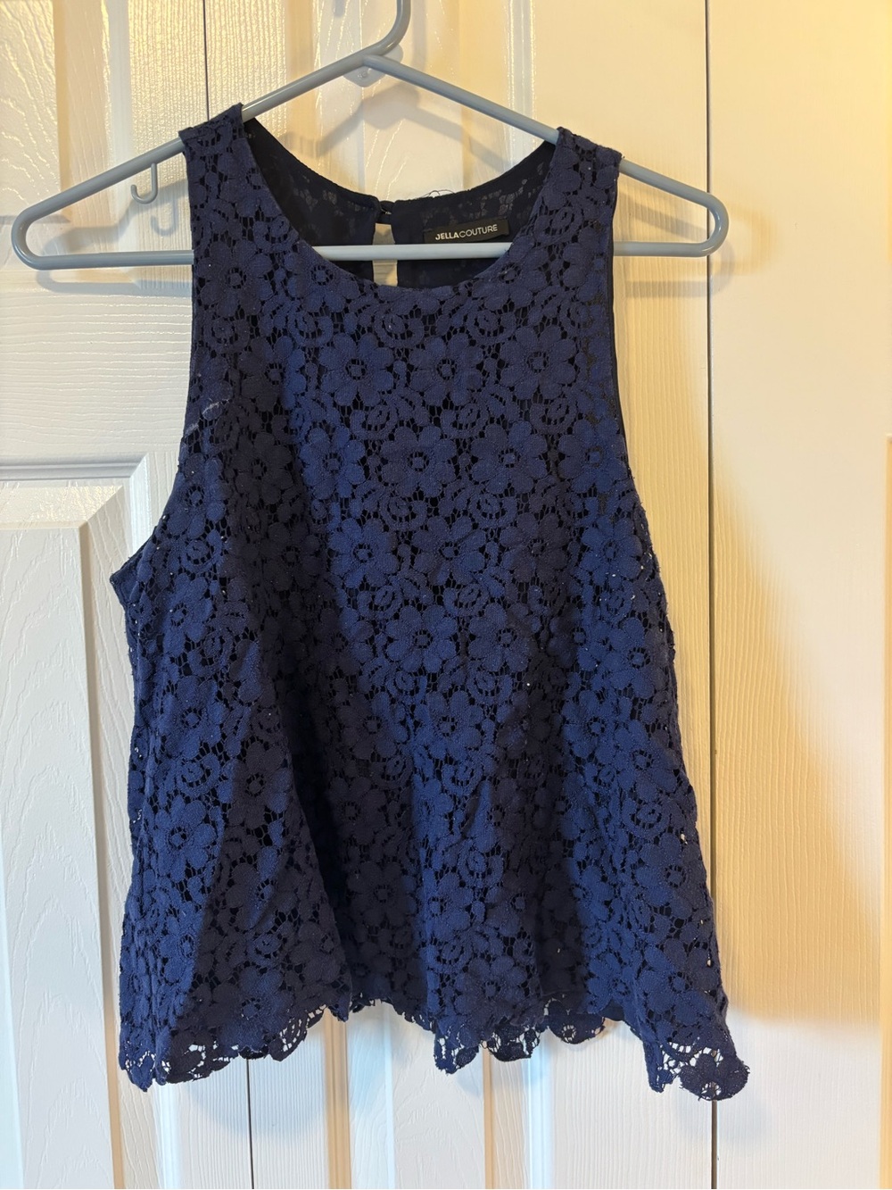 Jella Couture Navy Floral Lace Sleeveless Peplum Top